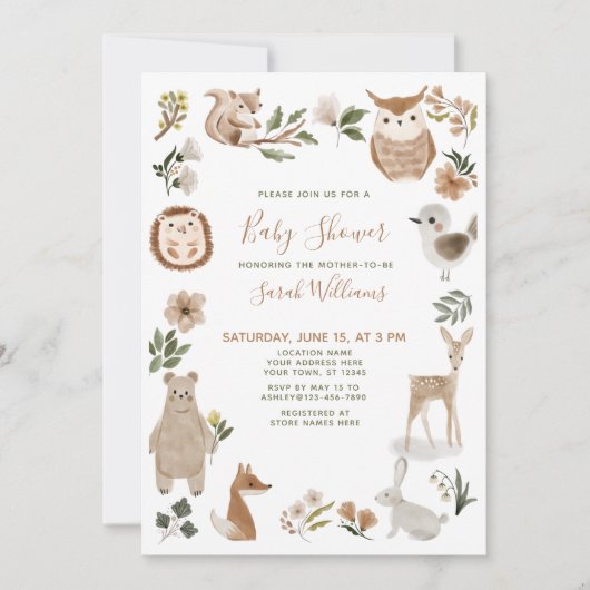 Invitation Jolie forêt Animaux Script Baby shower Boho Brown (Devant)