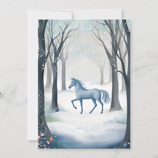 Invitation Jolie Forêt d'hiver Cheval Léger Ice Bleu Annivers (Dos)