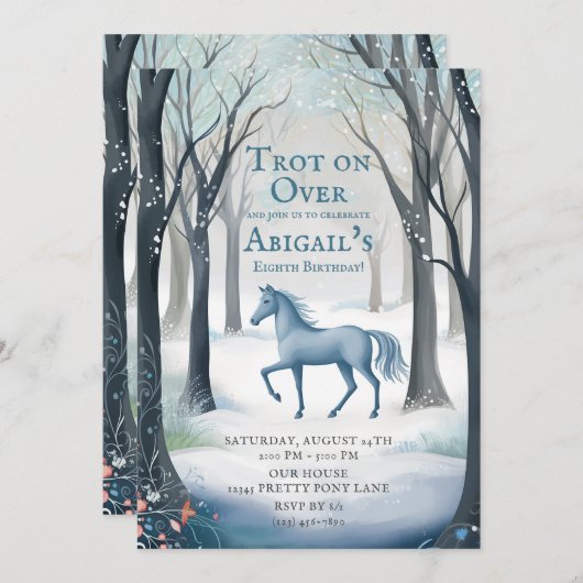 Invitation Jolie Forêt d'hiver Cheval Léger Ice Bleu Annivers (Devant / Derrière)