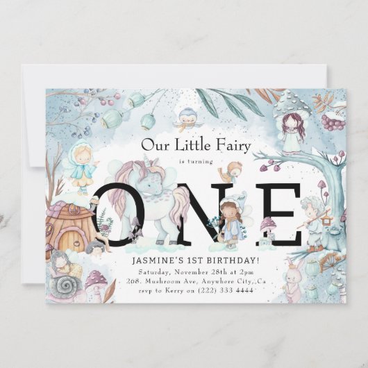 Invitation Jolie forêt d'hiver Fée Noël 1er anniversaire en (Devant)