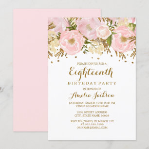 Invitation Jolie fuchsia floral or 18e anniversaire