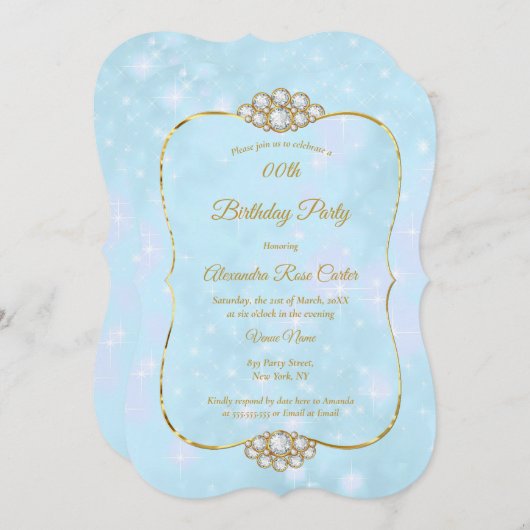 Invitation Jolie Gold Blue Diamond fête d'anniversaire (Devant / Derrière)