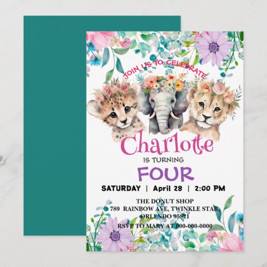 Invitation Jolie guépard jungle Lion Animaux Anniversaire Flo (Devant / Derrière)