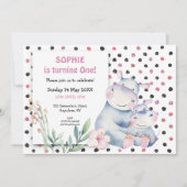 Invitation Jolie Hippopotame Pots Roses Filles Première fête (Devant)