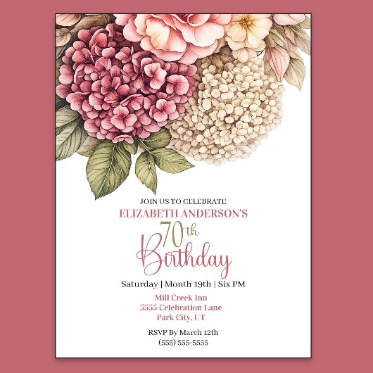 Invitation Jolie Hydrangea Rose 70e Anniversaire