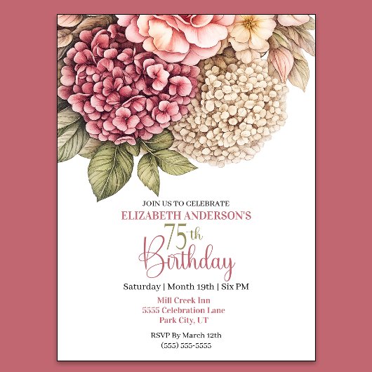 Invitation Jolie Hydrangea Rose 75e Anniversaire