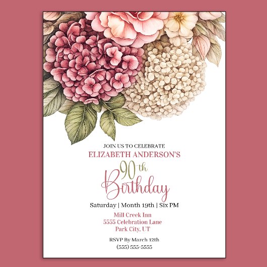 Invitation Jolie Hydrangea Rose 90e Anniversaire
