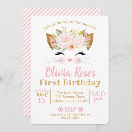 Invitation JOLIE KITTY Fille Chat Anniversaire (Devant / Derrière)