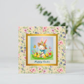 Invitation Jolie Lapin de Pâques et joyeux Fleurs de Printemp (Debout devant)