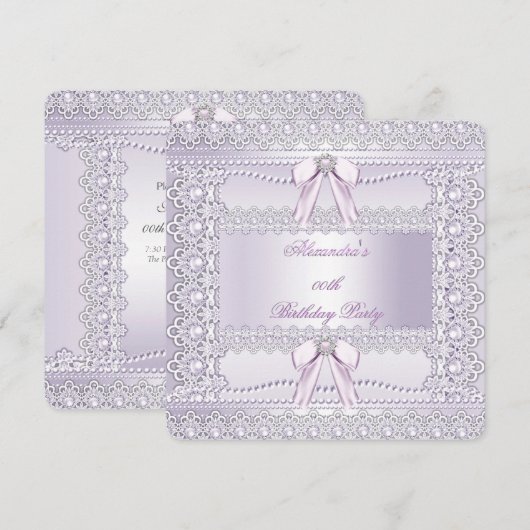 Invitation Jolie Lavender Pearls Lace Bow fête d'anniversaire (Devant / Derrière)