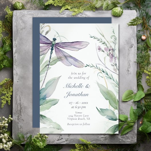 Invitation Jolie libellule d'aquarelle et Mariage de verdure
