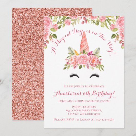 Invitation Jolie licorne rose Anniversaire (Devant / Derrière)