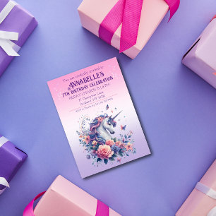 Invitation Jolie Licorne Rose Violet Ombre Anniversaire Fille