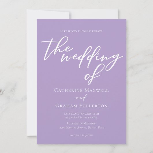 Invitation Jolie Lilac White Script Mariage après-midi (Devant)