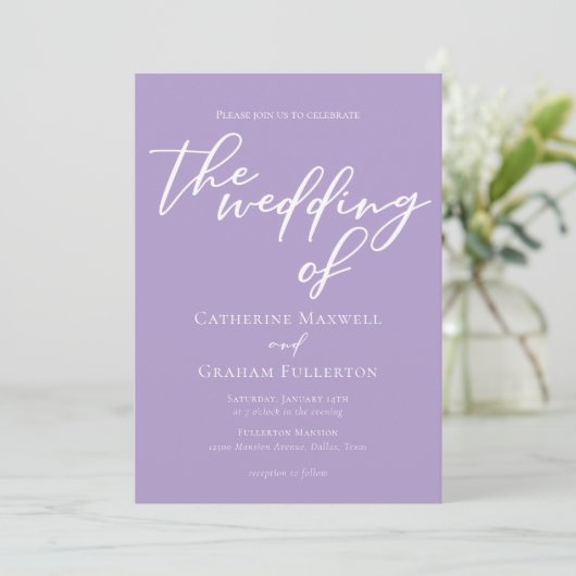 Invitation Jolie Lilac White Script Mariage après-midi (Debout devant)
