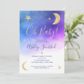 Invitation Jolie lune d'or étoiles baby shower d'aquarelle ro (Debout devant)