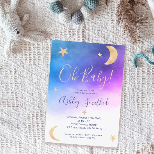 Invitation Jolie lune d'or étoiles baby shower d'aquarelle ro
