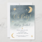 Invitation Jolie lune d'or étoiles bleu baby shower d'aquarel (Devant)