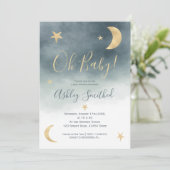 Invitation Jolie lune d'or étoiles bleu baby shower d'aquarel (Debout devant)