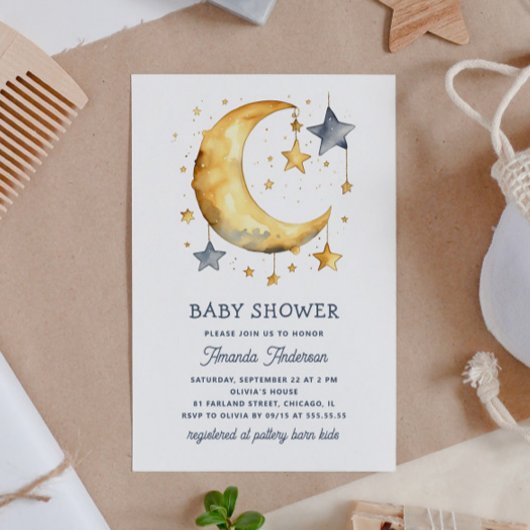 Invitation Jolie lune lunaire et étoiles baby shower céleste