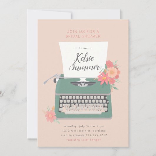 Invitation Jolie machine à écrire et Fête des mariées de fleu (Devant)