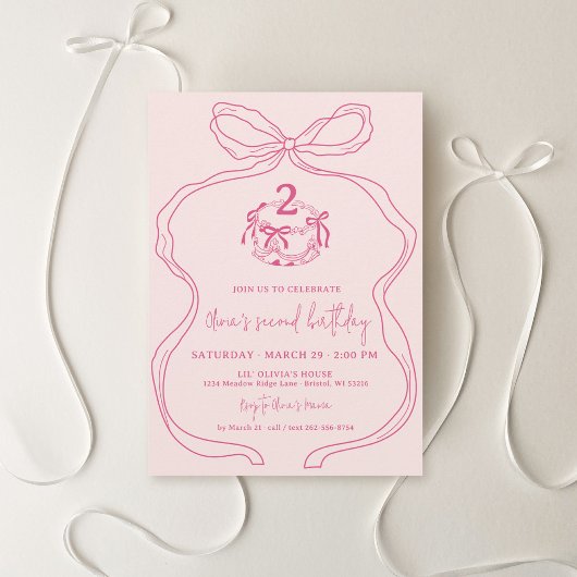 Invitation Jolie main moderne tiré Bow Rose Girl 2e anniversa
