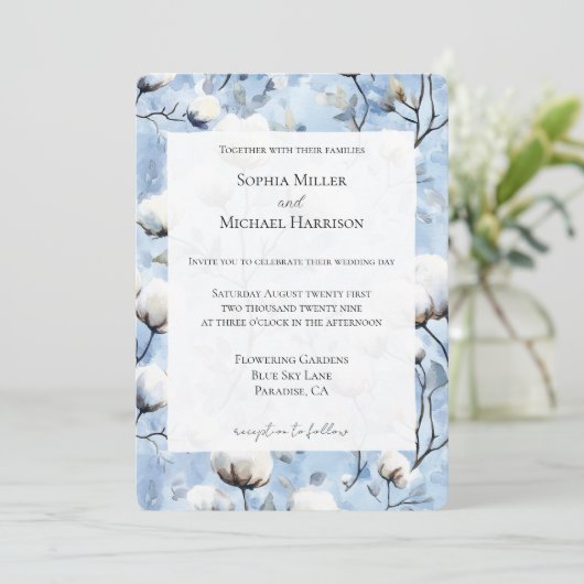 Invitation Jolie mariage floral blanc bleu clair (Debout devant)
