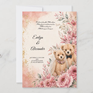 Invitation Jolie Mariée et Marié Ours en Peluche Fleurs Roses