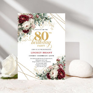 Invitation Jolie Marsala Floral Eucalyptus Or 80 Anniversaire