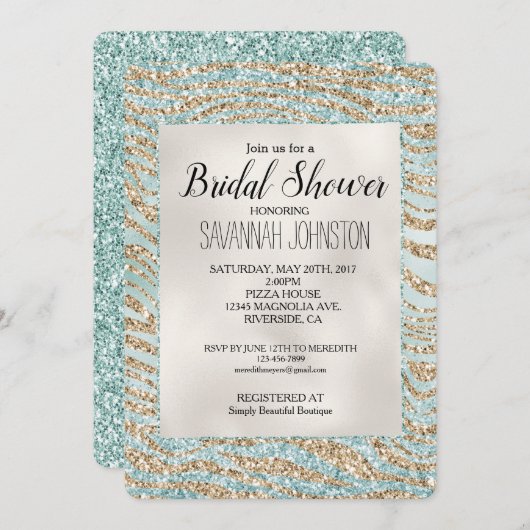 Invitation Jolie Mint Glitzy Sparkle Gold Zebra Parties scint (Devant / Derrière)