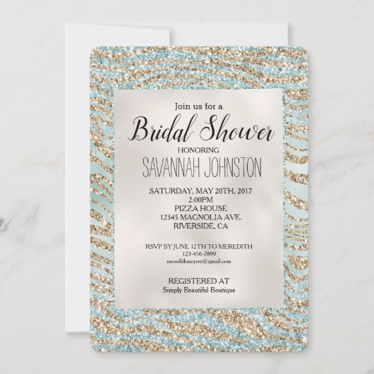 Invitation Jolie Mint Glitzy Sparkle Gold Zebra Parties scint (Devant)