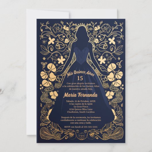 Invitation Jolie Navy Or Mes Quinze Ans Quinceañera (Devant)