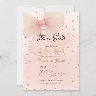 Invitation Jolie noeud en tulle rose et confettis dorés pour