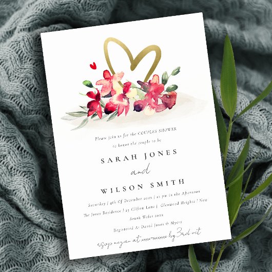 Invitation Jolie Orchidée Rouge Or Coeur Floral Couples Douch