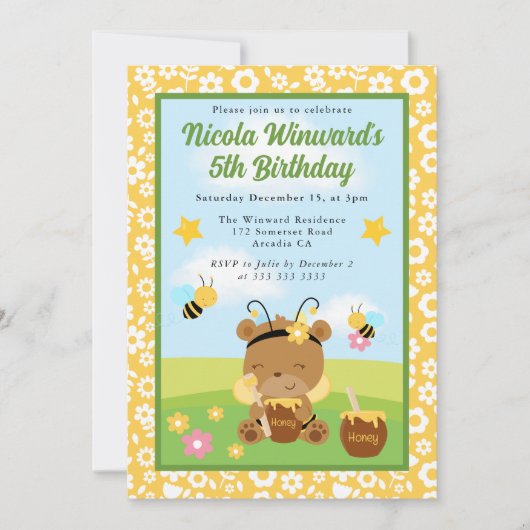 Invitation Jolie Ours de Miel et Anniversaire de enfant d'abe (Devant)
