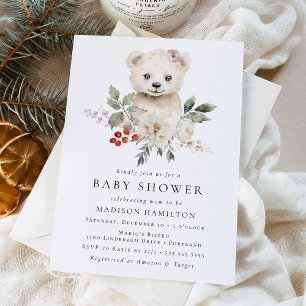 Invitation Jolie Ours Polaire à l'aquarelle Baby Shower d'Hiv