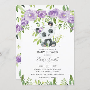 Invitation Jolie Panda Purple Floral Vert Baby shower Fille