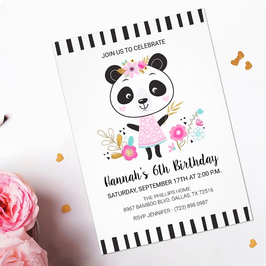 Invitation Jolie Panda Rose Filles Anniversaire