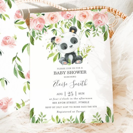Invitation Jolie Panda rose Floral Verdure Baby shower fille
