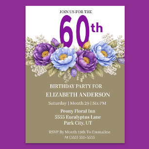 Invitation Jolie paonne bleue et violette 60 ans