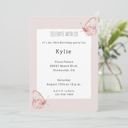 Invitation Jolie Papillons rose Anniversaire (Debout devant)