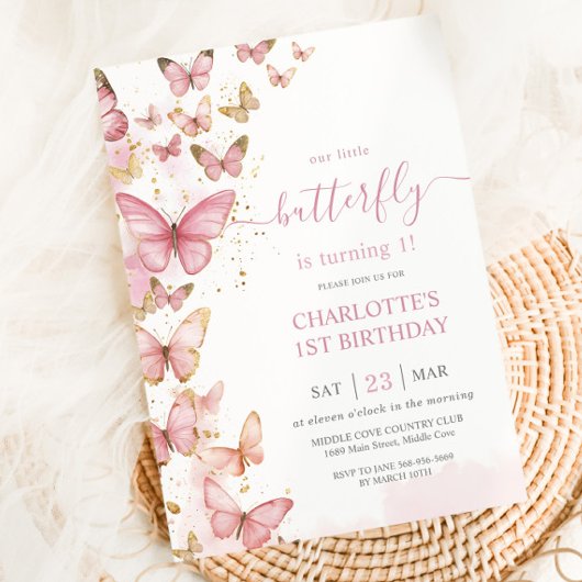 Invitation Jolie Papillons rose Fille 1er anniversaire