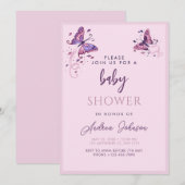 Invitation Jolie partie Baby shower papillon rose pourpre (Devant / Derrière)