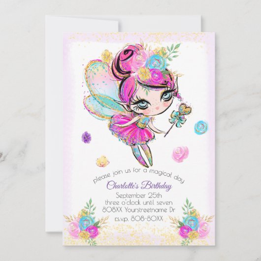 Invitation Jolie Parties scintillant arc-en-ciel Pixie Fairy (Devant)