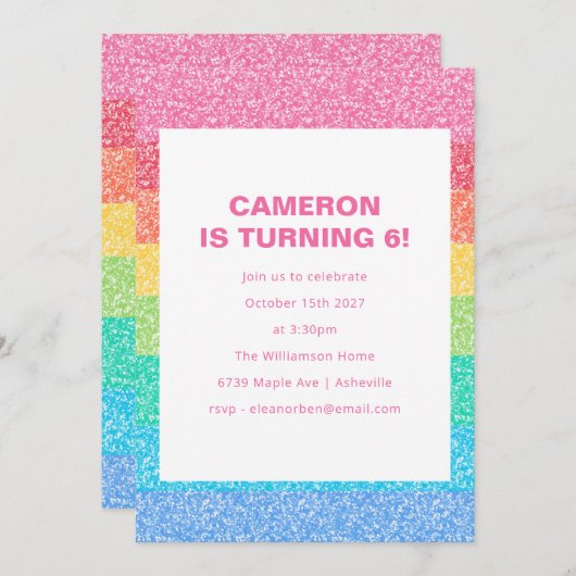 Invitation Jolie Parties scintillant Arc-en-ciel rayures colo (Devant / Derrière)