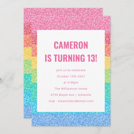 Invitation Jolie Parties scintillant Arc-en-ciel rayures colo (Devant / Derrière)