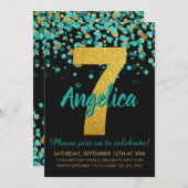 Invitation Jolie Parties scintillant d'or Turquoise Confetti (Devant / Derrière)