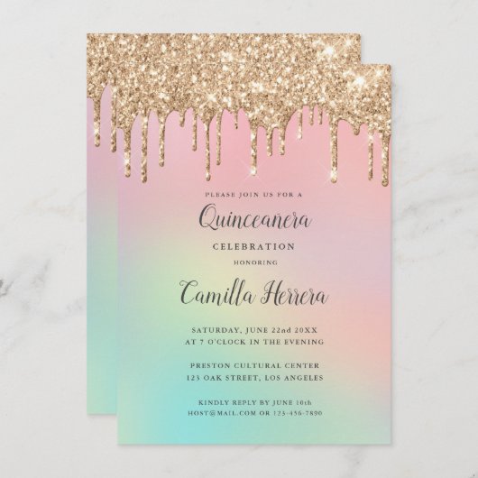 Invitation Jolie Parties scintillant or Gradient Quinceañera  (Devant / Derrière)