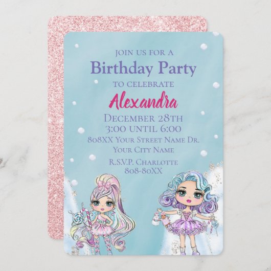 Invitation Jolie Parties scintillant Poupées Fille d'hiver An (Devant / Derrière)