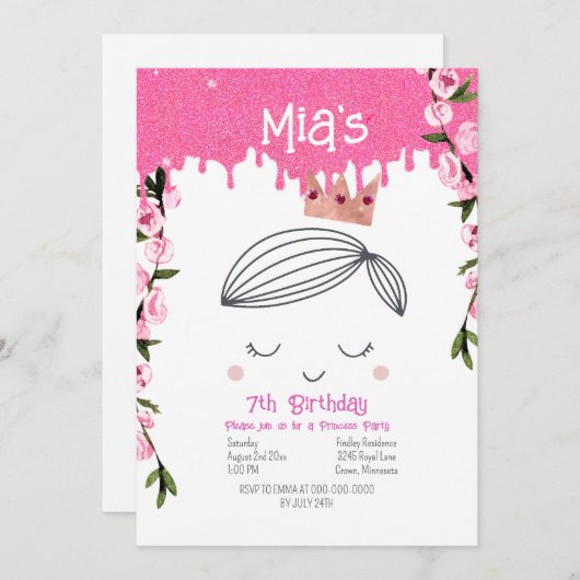 Invitation Jolie Parties scintillant rose Princesse Filles An (Devant / Derrière)